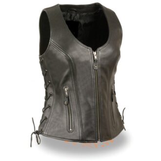 Womens Open Neck Sidelace Black Motorcycle Leather Vest
