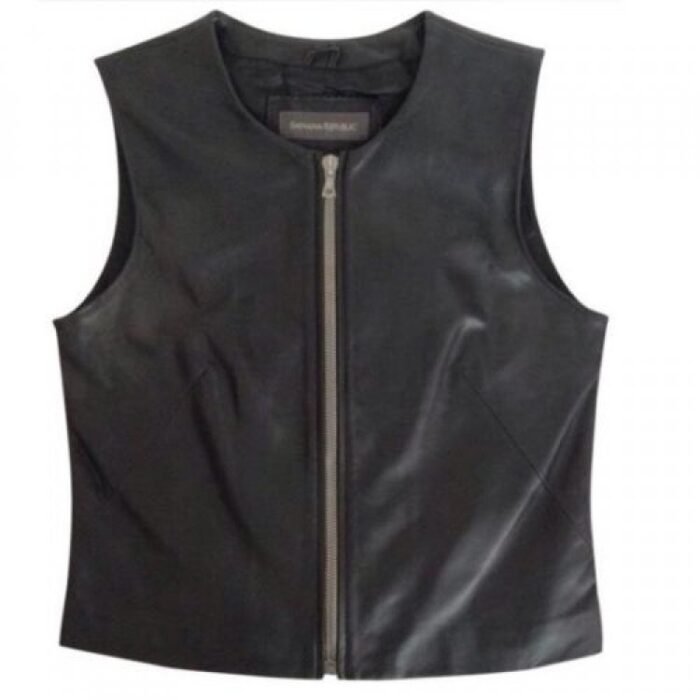Womens Retro Chic Zip Front Black Leather Biker Vest