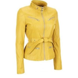 Womens Western Sheepskin Yellow Leather Biker Jacket