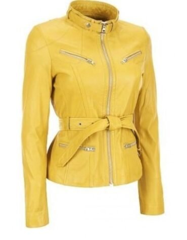 Womens Western Sheepskin Yellow Leather Biker Jacket
