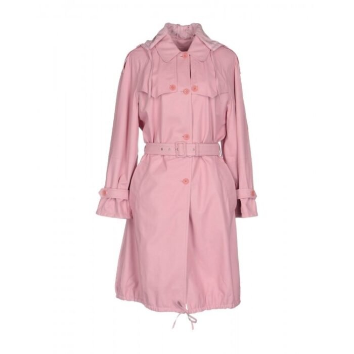 Classic Neckline Button Closing Baby Pink Leather Trench Coat for Women