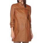 Elegant Look Double-Breasted Brown Leather Coat for Women