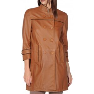 Elegant Look Double Breasted Brown Leather Coat for Women