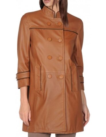 Elegant Look Double Breasted Brown Leather Coat for Women