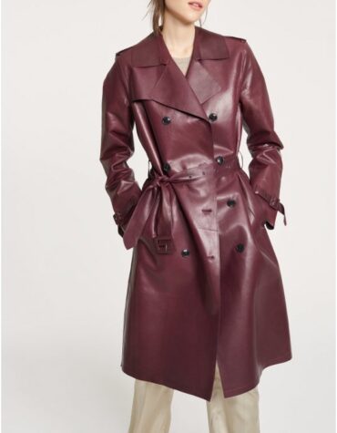 Ladies Regular Fit Burgundy Leather Light Trench Coat