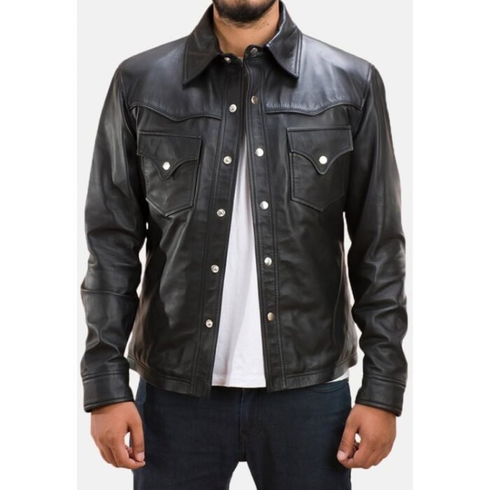 Mens Street Wear Real Sheepskin Black Leather Shirt