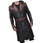 Luxury Hooded Real Sheepskin Black Long Leather Trench Coat