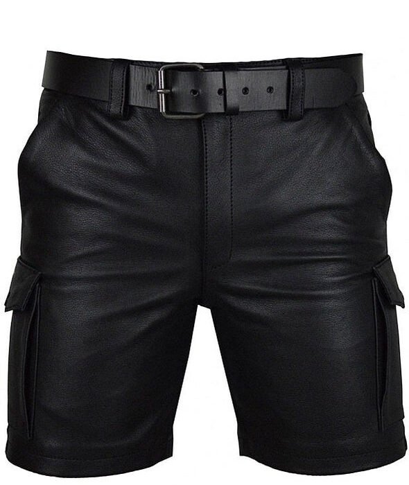 Mens Real Leather Black Cargo Shorts