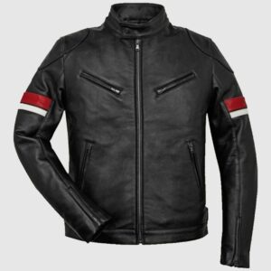 Black Leather Red and White Striped Cafe Racer Jacket