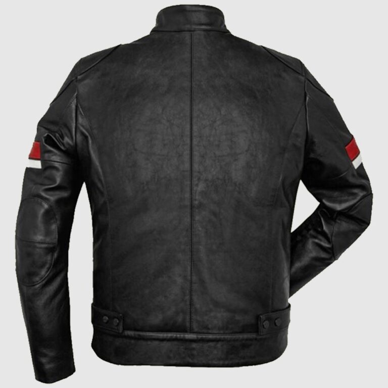 Black Leather Red and White Striped Cafe Racer Jacket