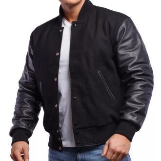 Black Wool Body & Black Leather Sleeves Letterman Jacket