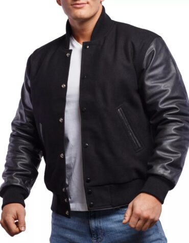 Black Wool Body & Black Leather Sleeves Letterman Jacket