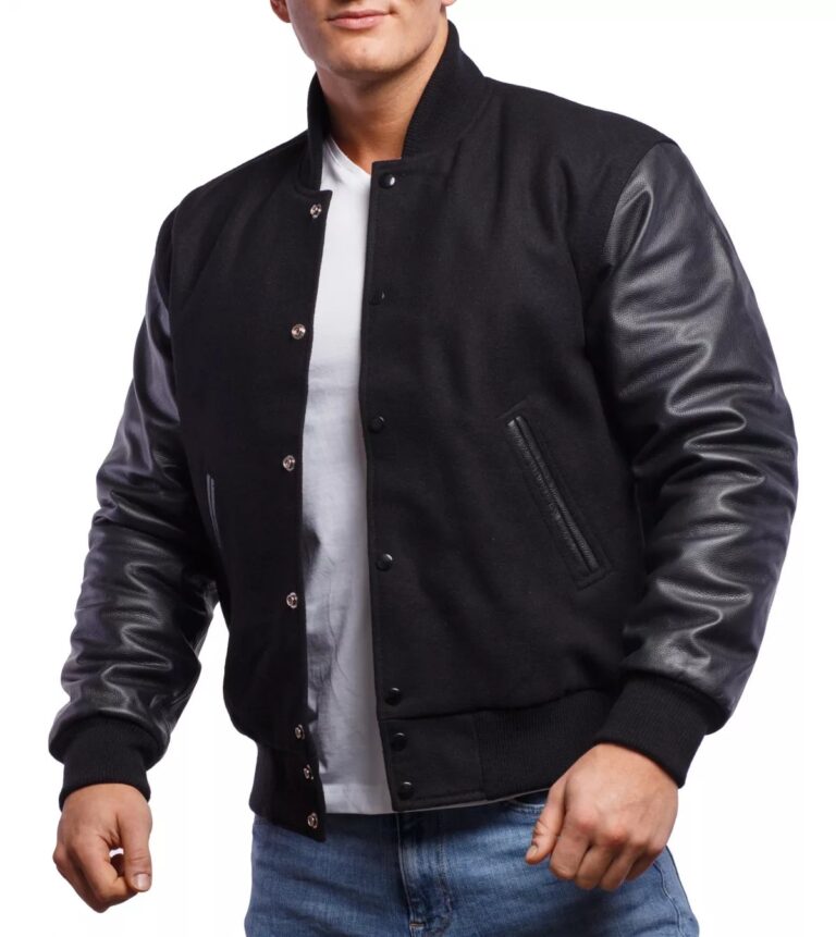 Black Wool Body & Black Leather Sleeves Letterman Jacket