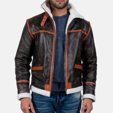 Distressed Brown Shearling Leather Jacket Mens