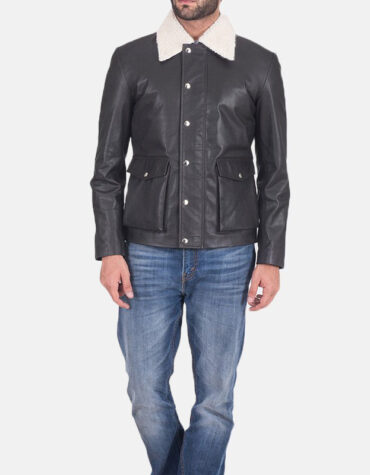Men's Flap Pockets Black Leather Jacket