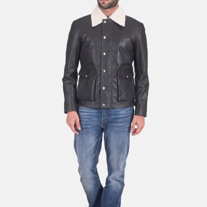 Men's Flap Pockets Black Leather Jacket