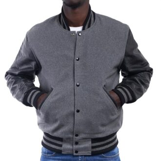 Light Oxford Wool Body & Black Leather Sleeves Letterman Jacket