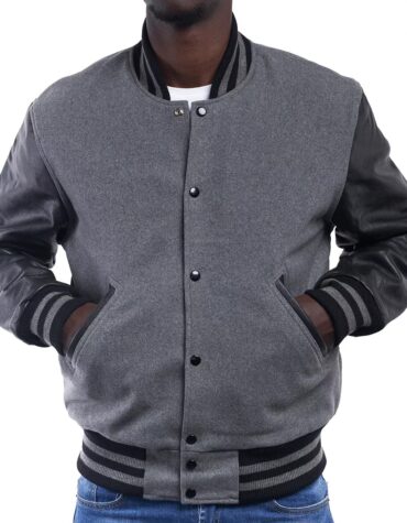 Light Oxford Wool Body & Black Leather Sleeves Letterman Jacket