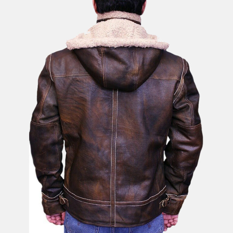 Men Aviator Leather Bomber Jacket with Fur Hood Brown