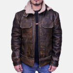 Men's Aviator Leather Bomber Jacket with Fur Hood in Brown