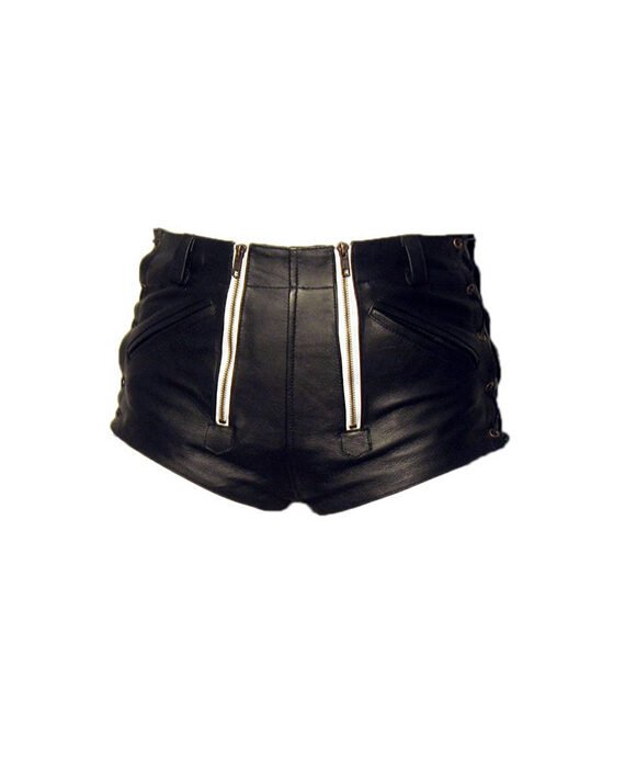 Men Black Leather Shorts