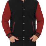 Men's Maroon and Black Baseball Style Varsity Jacket - Sporty Elegance