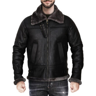 Genuine black shearling jacket mens for winters