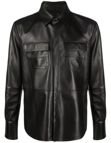 Mens Casual Wear Real Sheepskin Black Leather Shirt
