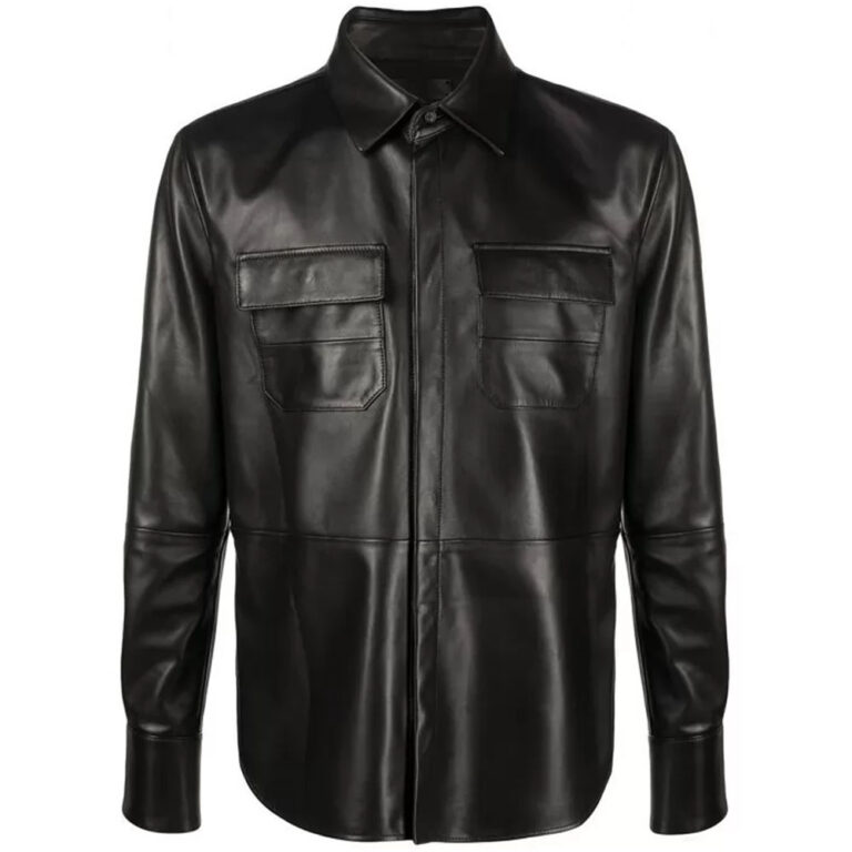 Mens Casual Wear Real Sheepskin Black Leather Shirt