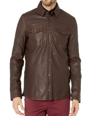 Mens Great Style Real Sheepskin Brown Leather Shirt