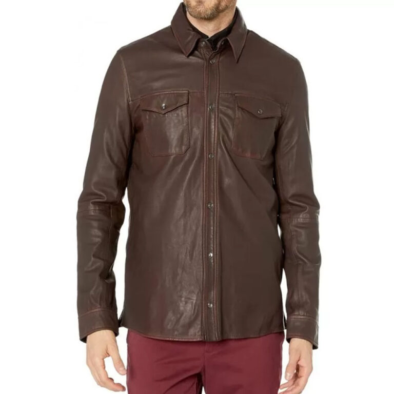 Mens Great Style Real Sheepskin Brown Leather Shirt