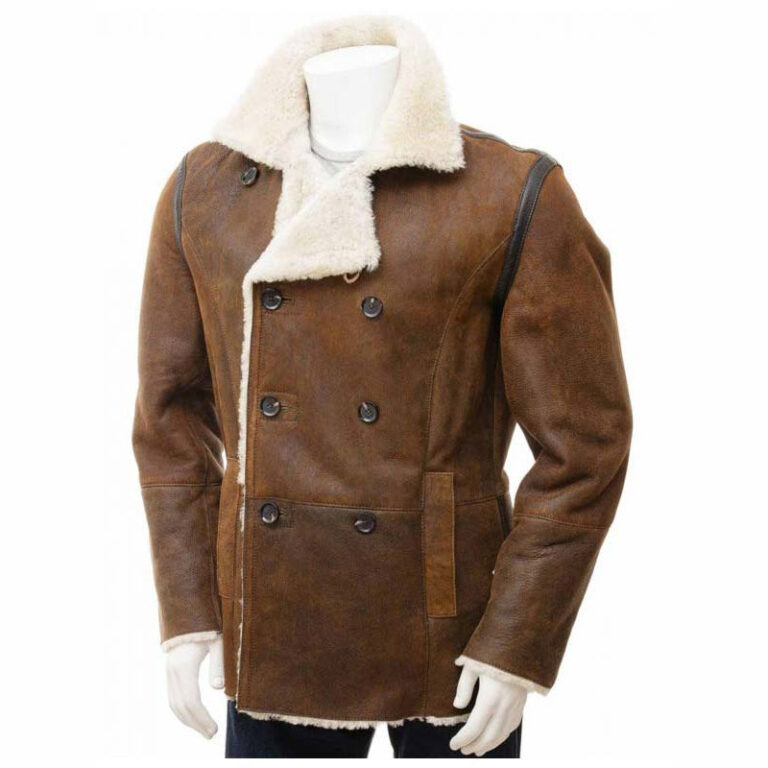 Mens Tan Sheepskin Shearling PeaCoat