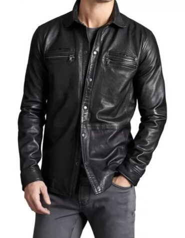 Men Trendsetting Real Sheepskin Black Leather Shirt