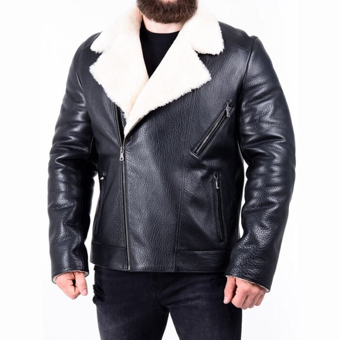 Men's White Faux Fur Black Leather Jacket