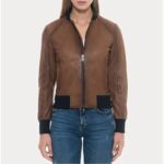 Women Sugar Brown Lambskin Soft Leather Bomber Jacket