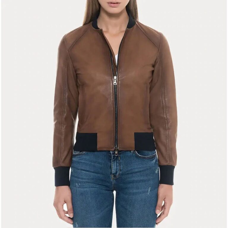 Women Sugar Brown Lambskin Soft Leather Bomber Jacket