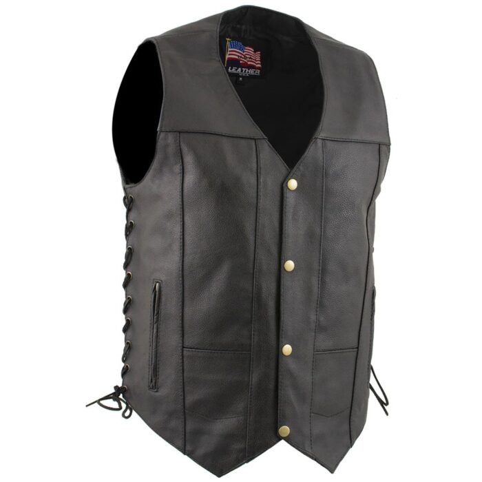 USA Leather 1204 Mens Black Dime Classic Leather Vest with Side Laces
