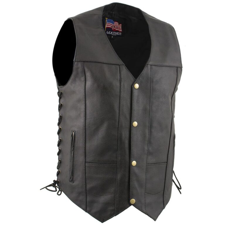 USA Leather 1204 Mens Black Dime Classic Leather Vest with Side Laces