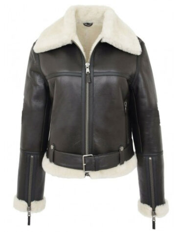 Women Sheepskin Aviator Flying Belted B3 Black Jacket