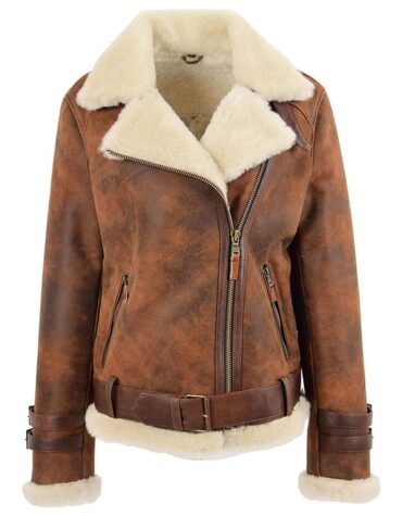 Womens Real Sheepskin Aviator Shearling Pilot Biker Style Jacket Antique Brown