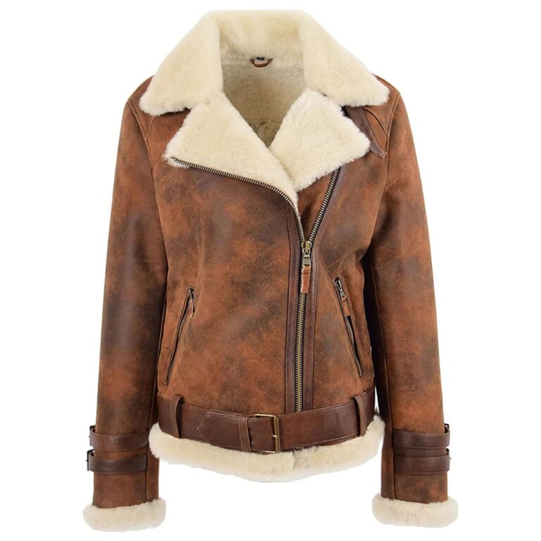 Womens Real Sheepskin Aviator Shearling Pilot Biker Style Jacket Antique Brown