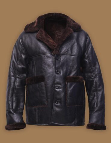 Men Black Button Shearling Jacket