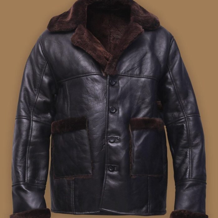 Men Black Button Shearling Jacket