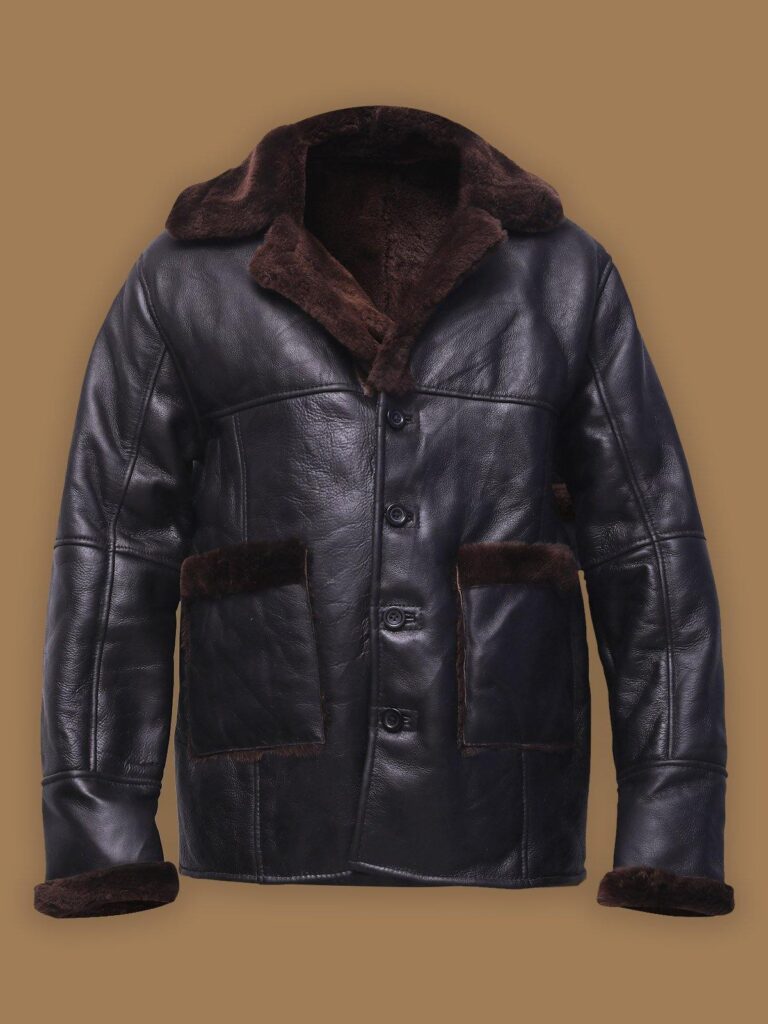 Men Black Button Shearling Jacket