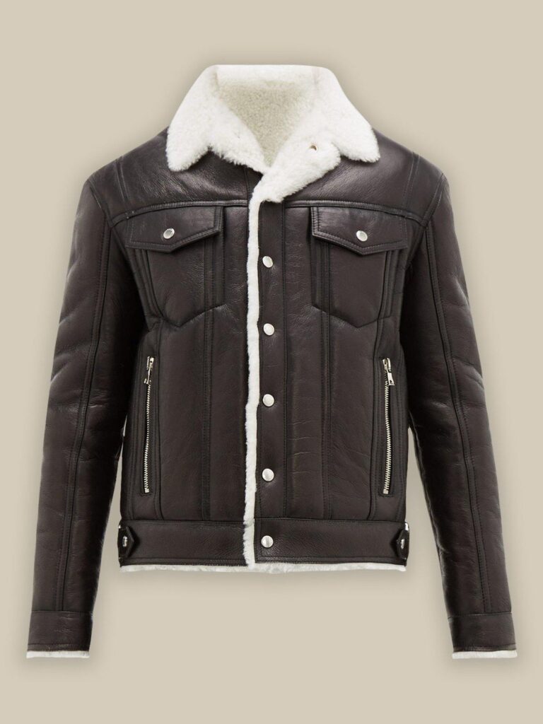 Brown and white shearling jacket mens for winters