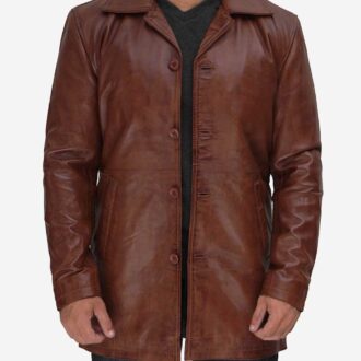 Mens Brown 3/4 Length Leather Coat