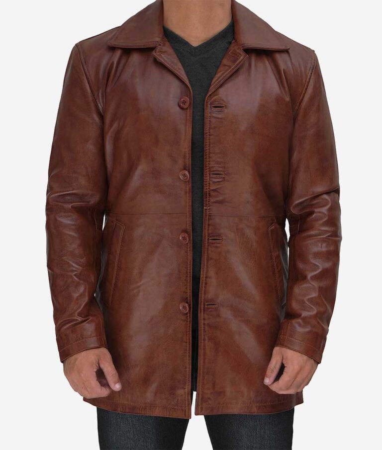 Mens Brown 3/4 Length Leather Coat