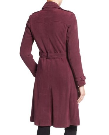 Women Burgundy Double Breasted Suede Trench Long Coat