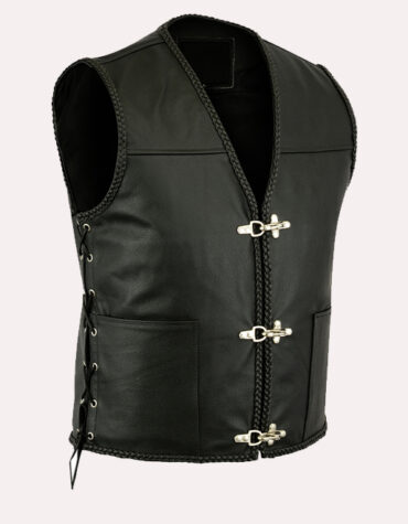 Mens Black Fish Hook Buckle and Braided Leather Biker Vest