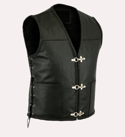 Mens Black Fish Hook Buckle and Braided Leather Biker Vest